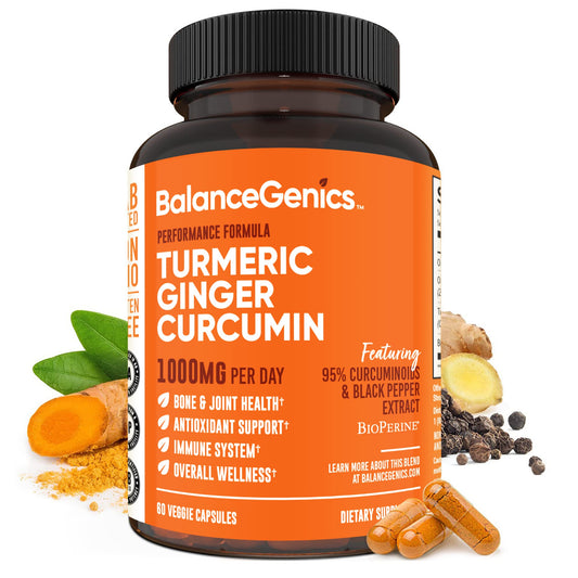 BalanceGenics Turmeric Curcumin bottle front highlighting daily joint support options.