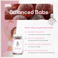 Balancing Act Balanced Babe ACV badge and vitamin info on packaging.