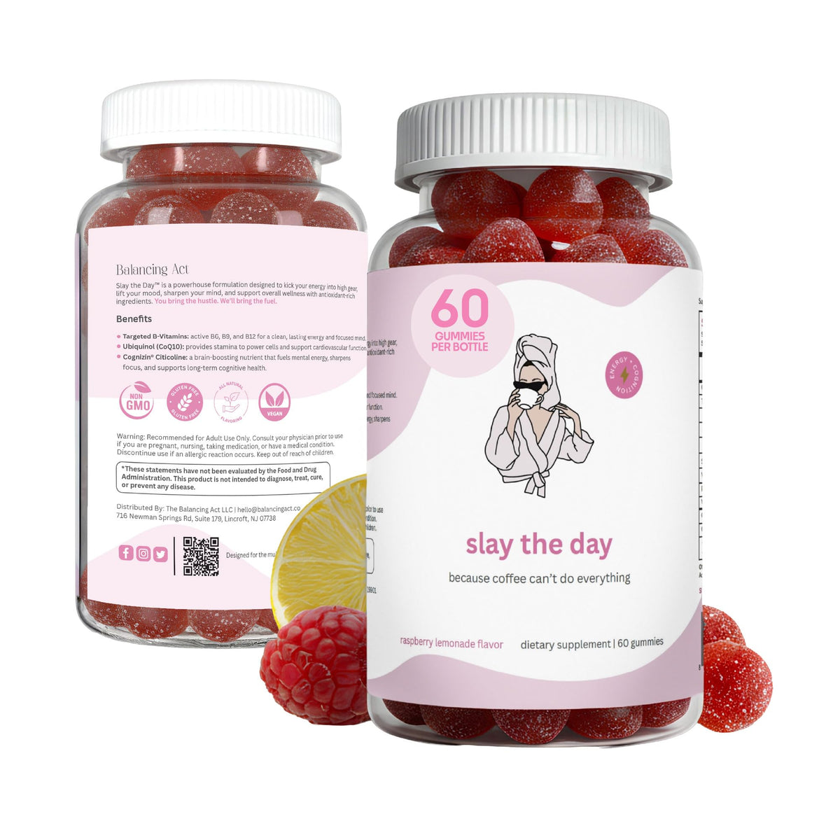 Balancing Act Slay The Day Energy Gummies bottle front for caffeine-free focus and steady energy.