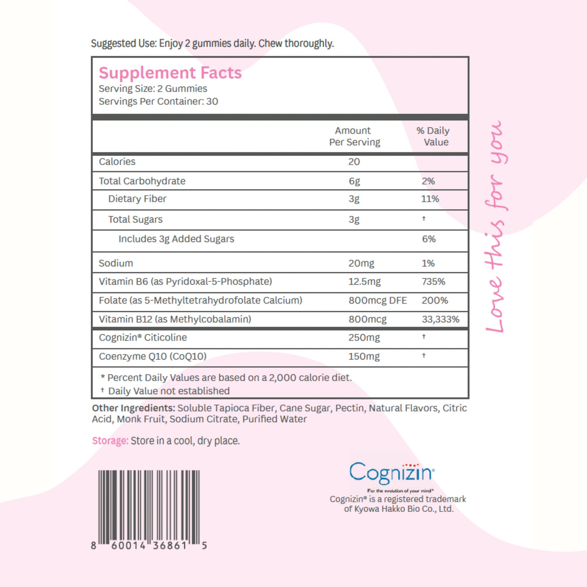 Close-up of the bottle showing gummies and label details for daily focus.