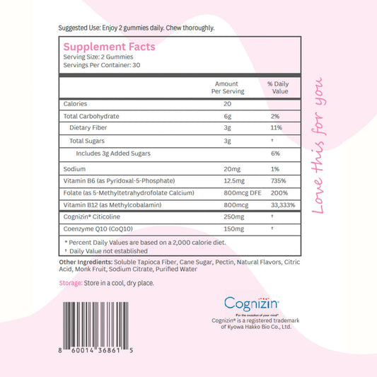 Close-up of the bottle showing gummies and label details for daily focus.