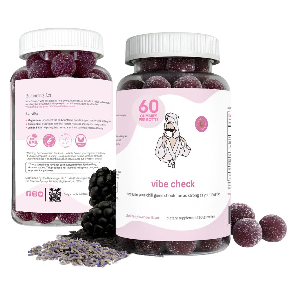 Balancing Act Vibe Check blackberry lavender gummies bottle promotes a calm evening routine
