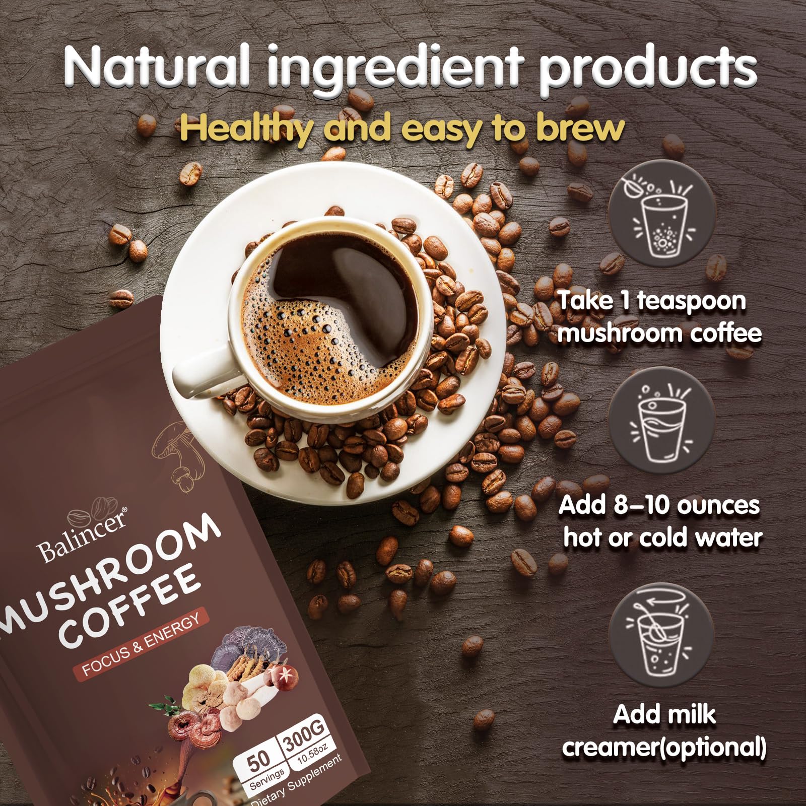 Balincer mushroom coffee ingredients close-up with MCT oil and coconut milk.