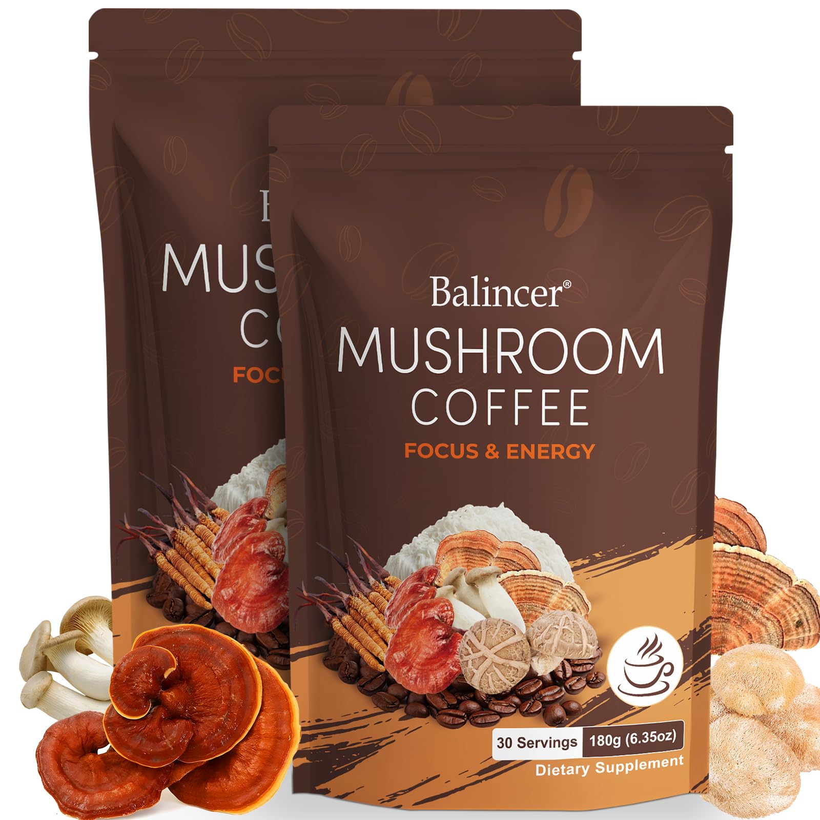 Balincer Mushroom Coffee packaging close-up highlighting six adaptogenic mushrooms for daily focus