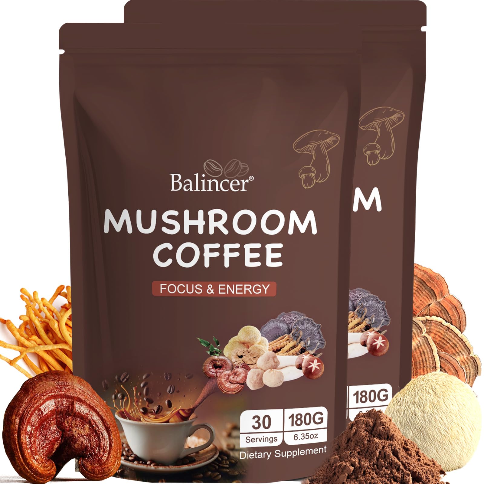 Balincer Mushroom Coffee packaging showing the 60-serving bag for easy use