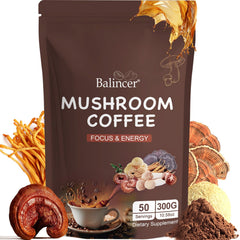 Balincer mushroom coffee packaging featuring six adaptogenic mushrooms for a convenient morning ritual.