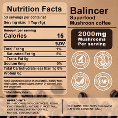 Balincer mushroom coffee powder being poured into a mug for a quick focus boost.