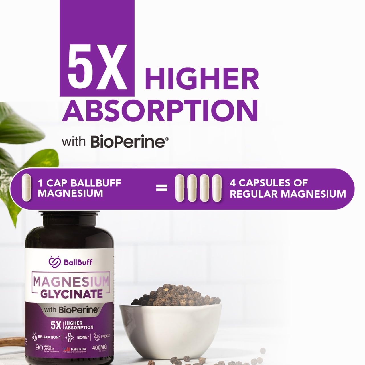 BallBuff magnesium glycinate capsules close-up emphasizing gentle digestion.