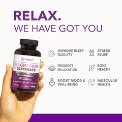 BallBuff magnesium glycinate bottle scene illustrating stress relief and relaxed evenings.