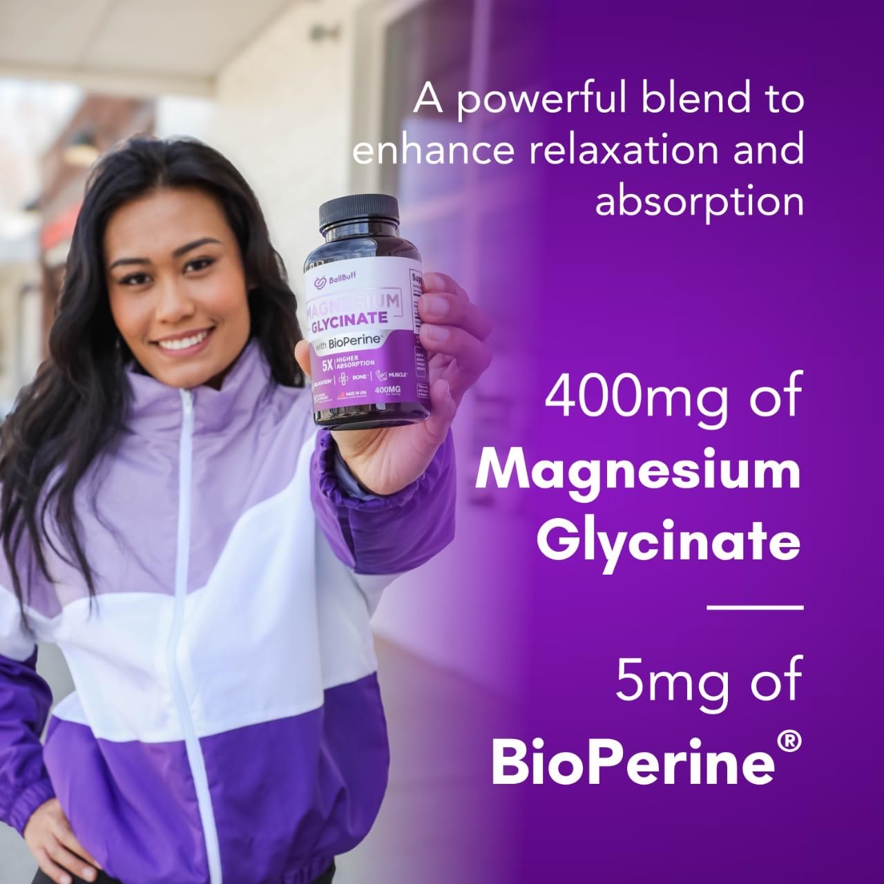 BallBuff Magnesium Glycinate 400mg set for sleep support in calming ambiance.