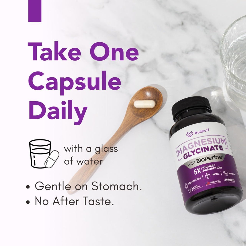 Made in the USA badge shown with 90 veggie capsules for BallBuff magnesium glycinate.