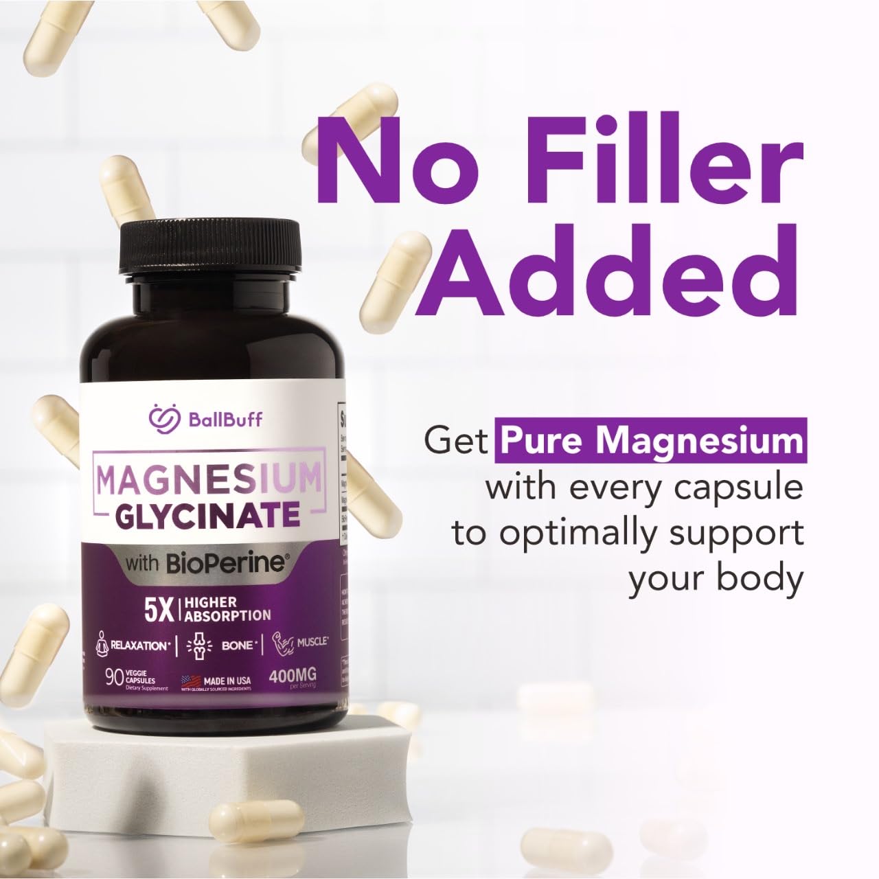 Vegetarian capsules from BallBuff glycinate shown in a clean bottle layout.