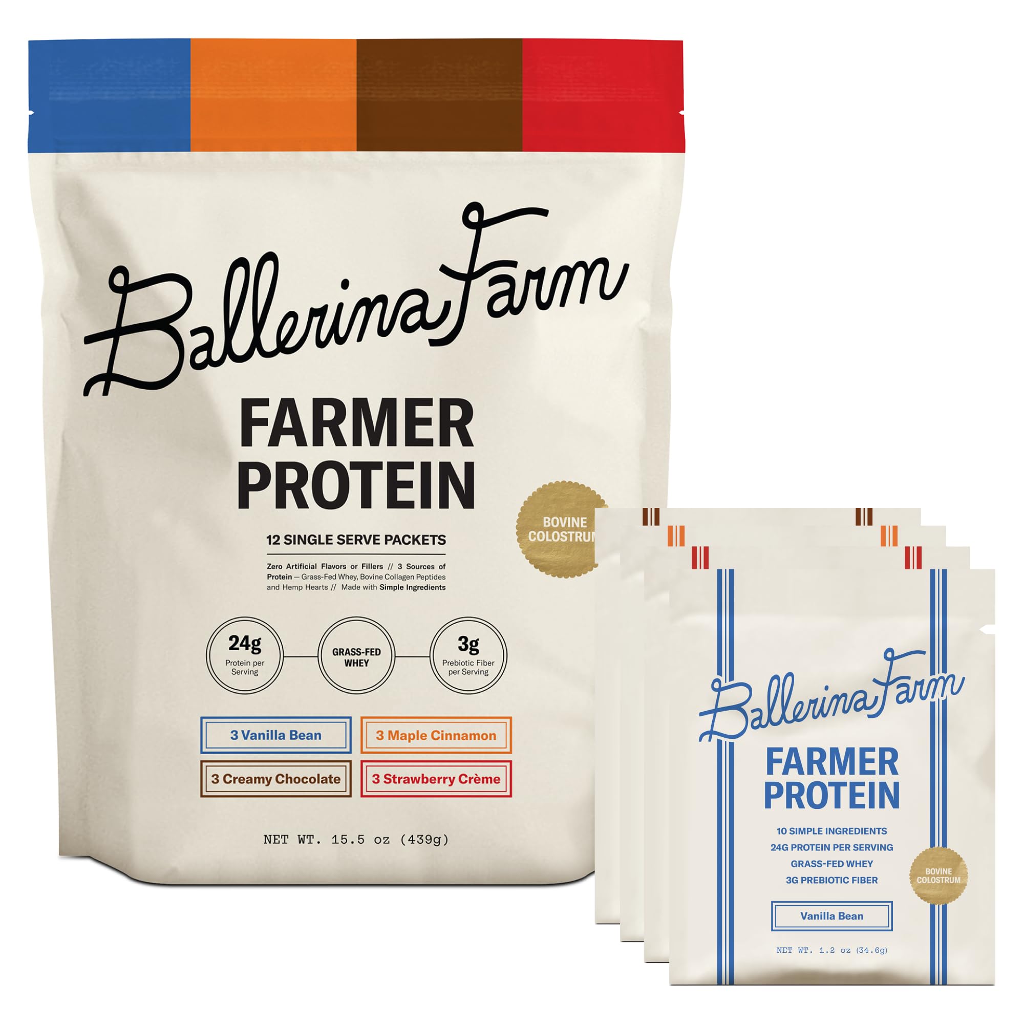 Ballerina Farm grass-fed whey powder front label; high-protein workout boost