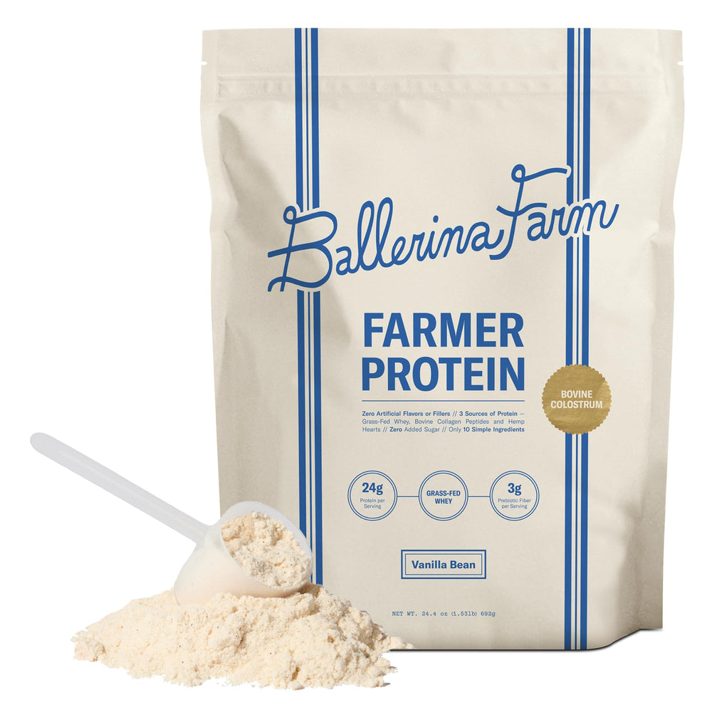 Ballerina Farm grass-fed whey vanilla bag ready for protein shakes.