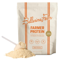 Ballerina Farm maple cinnamon whey powder ready for a shake.