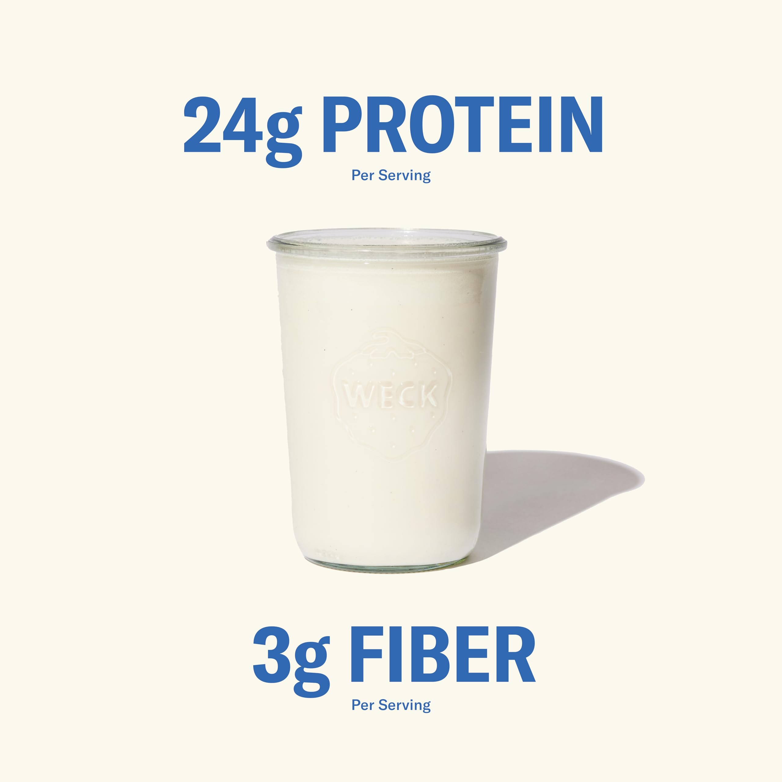 Ballerina Farm vanilla protein being poured into a smoothie.