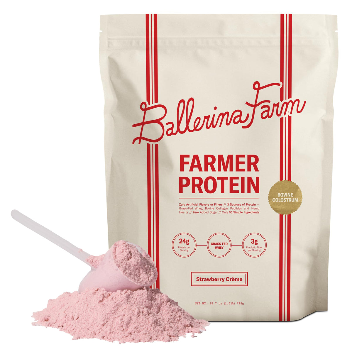 Ballerina Farm Strawberry Creme whey powder jar for protein-rich shakes