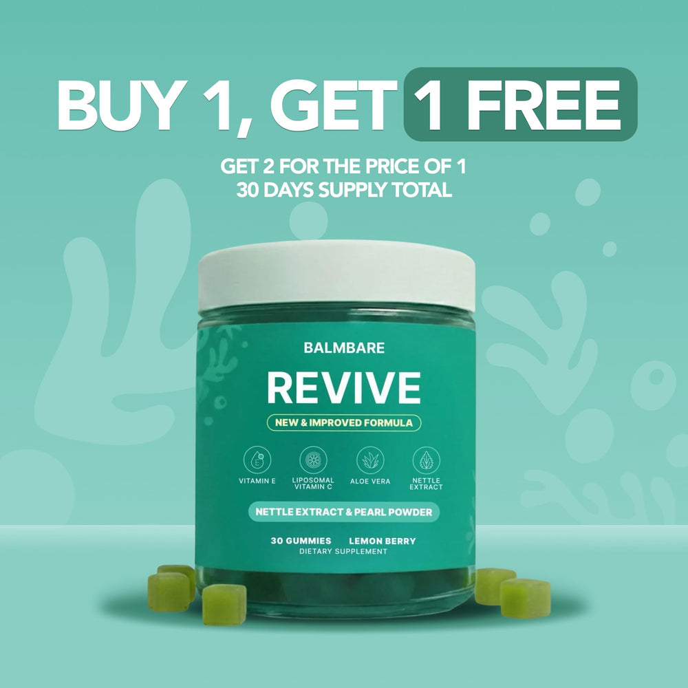 Balmbare Revive gummies closeup texture emphasizes lemon-berry flavor ideal for easy daily routine