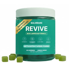 Balmbare Revive Gummies lemon-berry packshot highlights a vegan hair wellness supplement for daily support