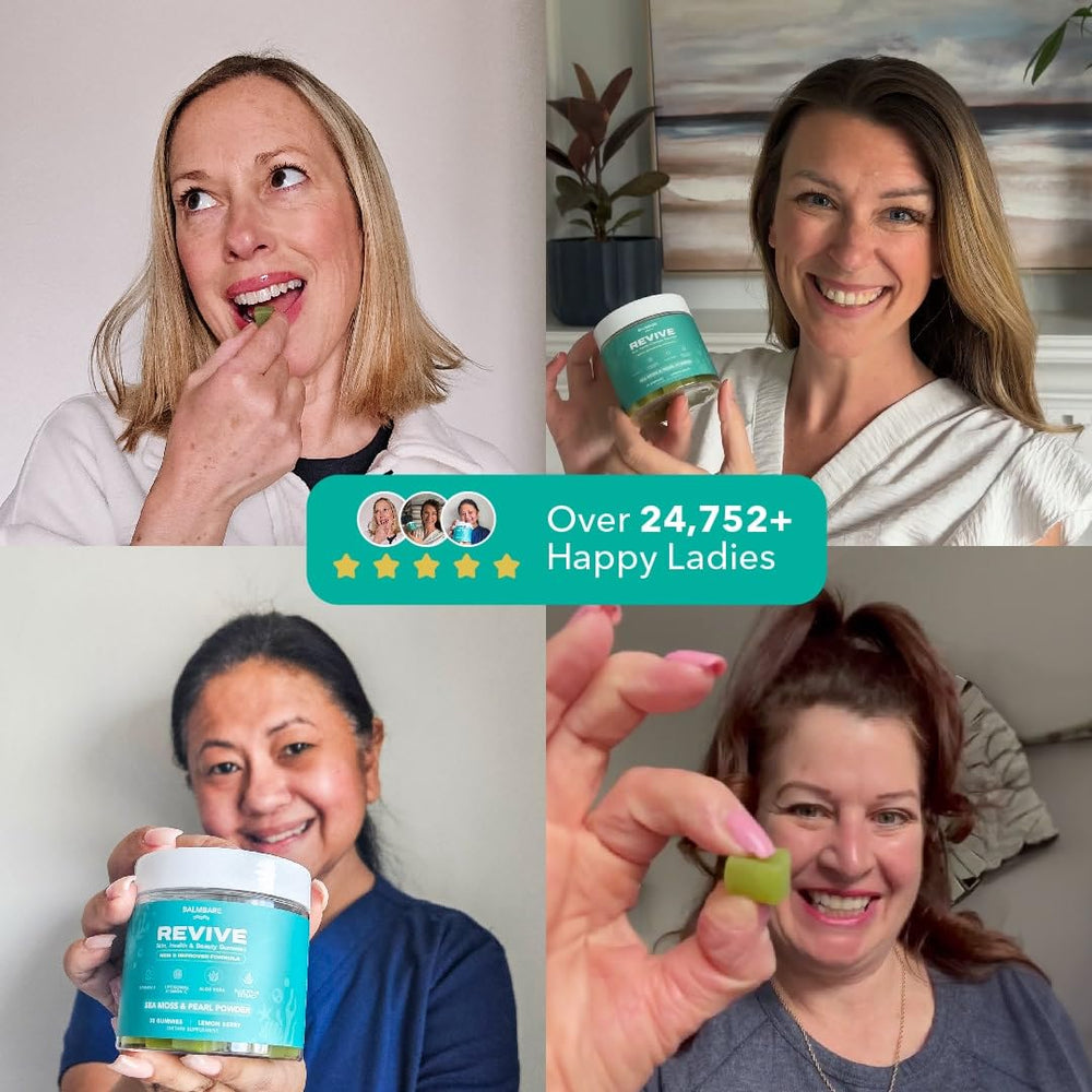 Balmbare Revive gummies pour sample illustrates convenient two-gummy daily habit