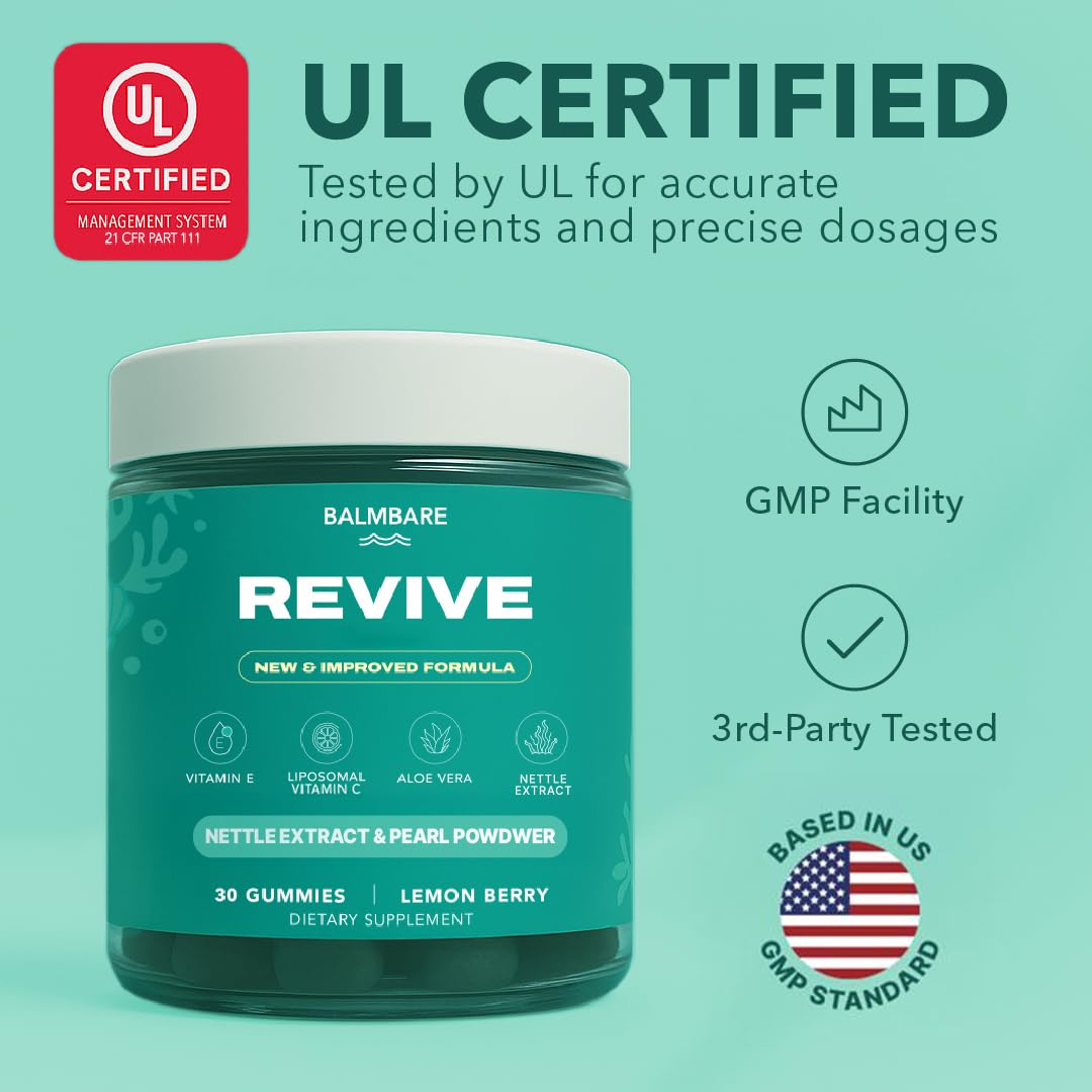 Balmbare Revive gummies vegan gluten-free symbols reassure clean, plant-forward daily use