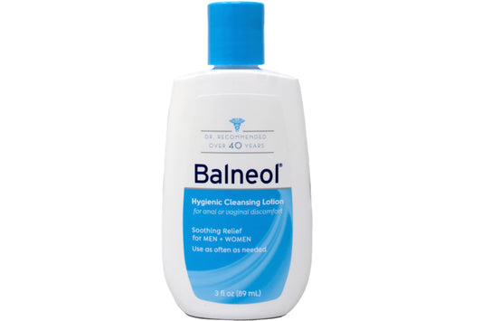 Balneol cleansing lotion bottle close-up highlights compact 3 oz size