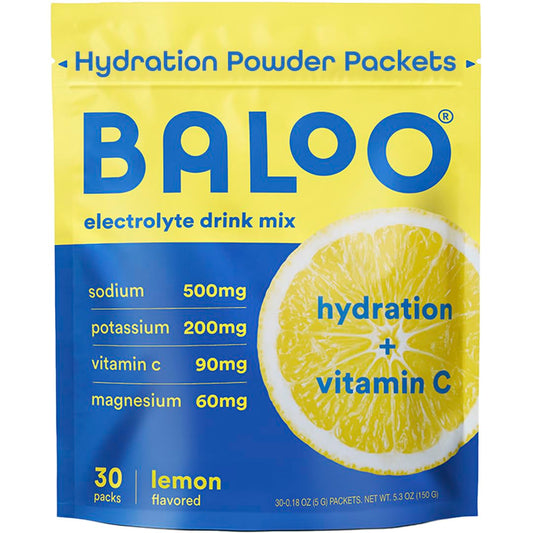 Baloo electrolytes lemon packet front view for daily hydration.