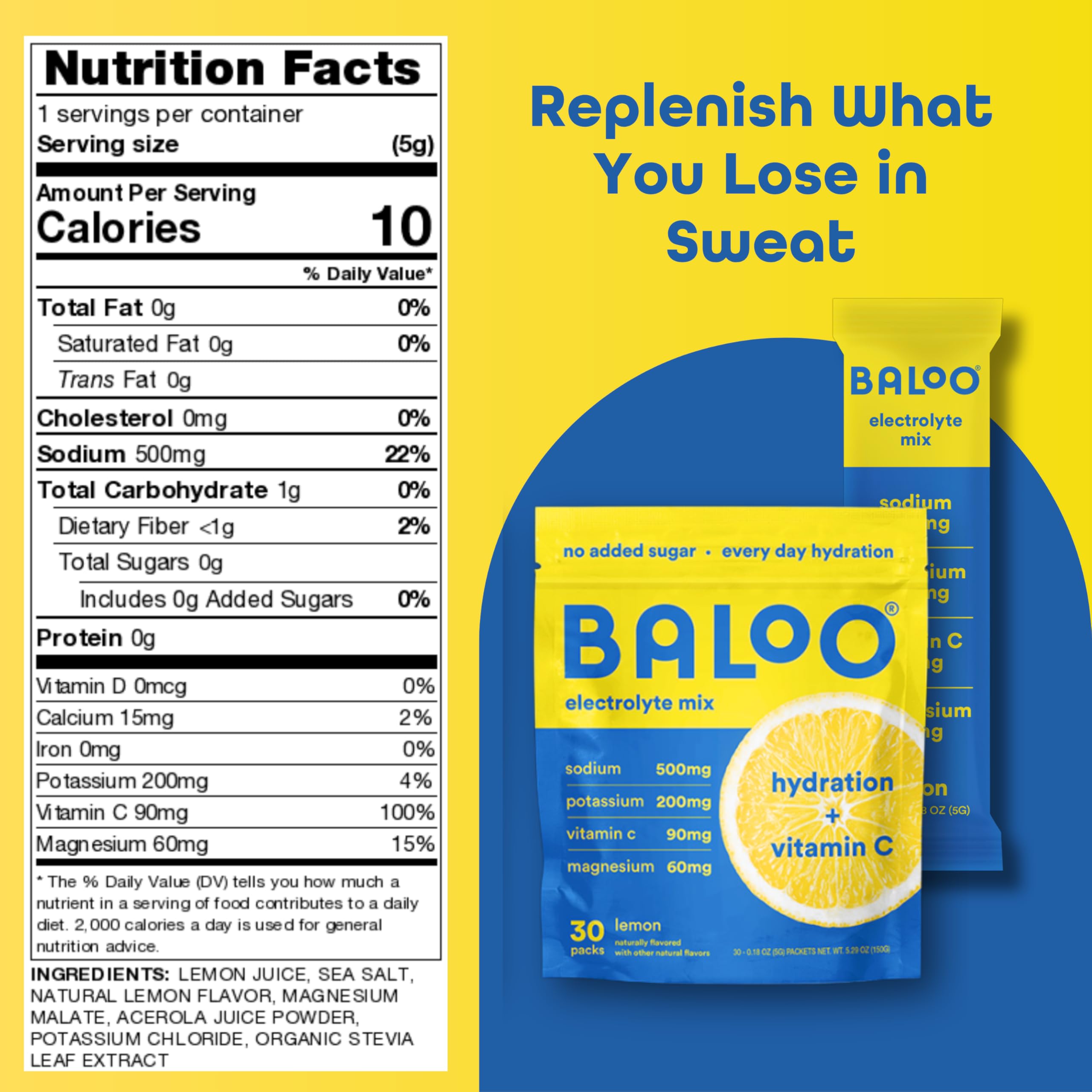 Baloo electrolytes lemon packet pouring into water for quick refreshment.