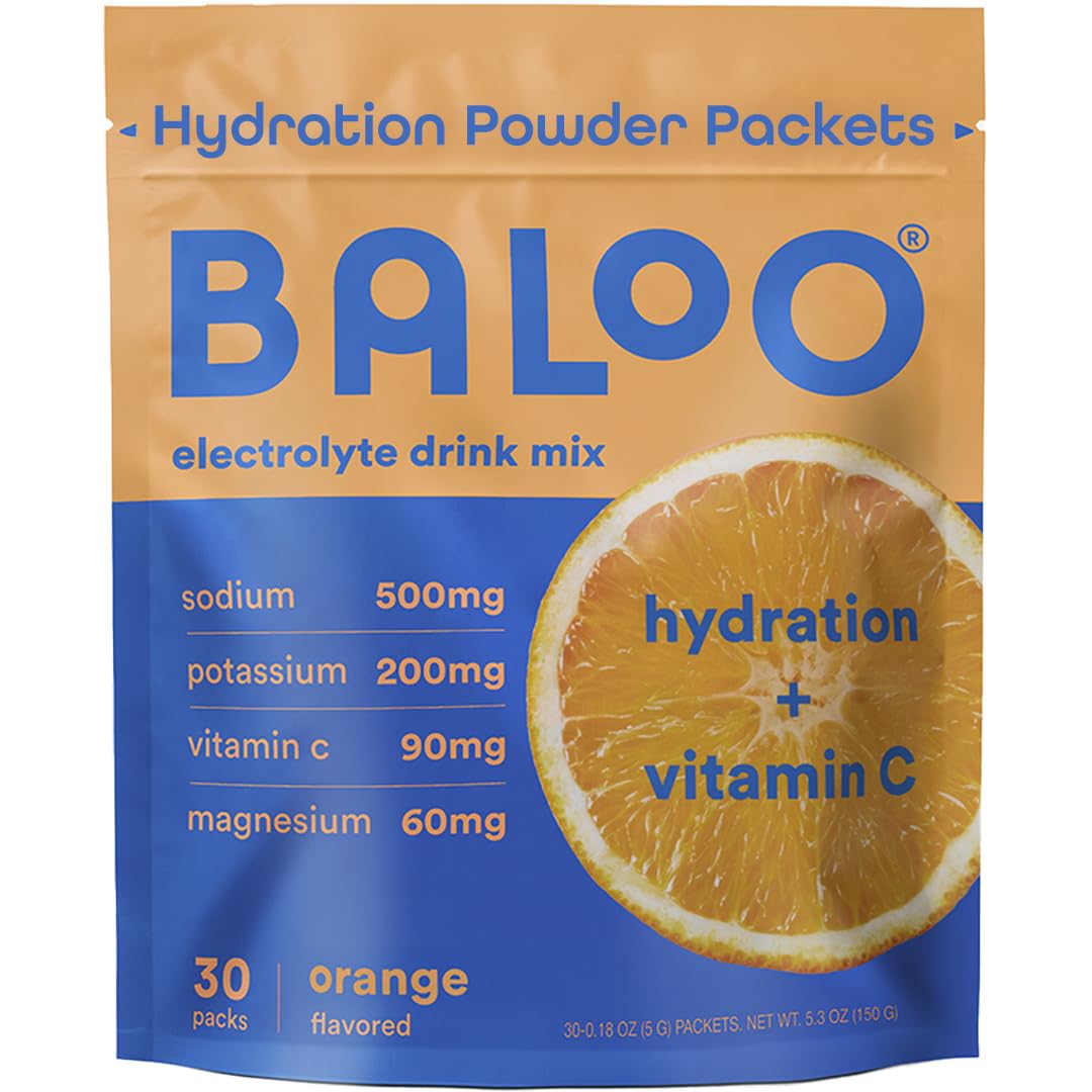 Baloo Electrolytes orange packets close-up for clean hydration on the go.