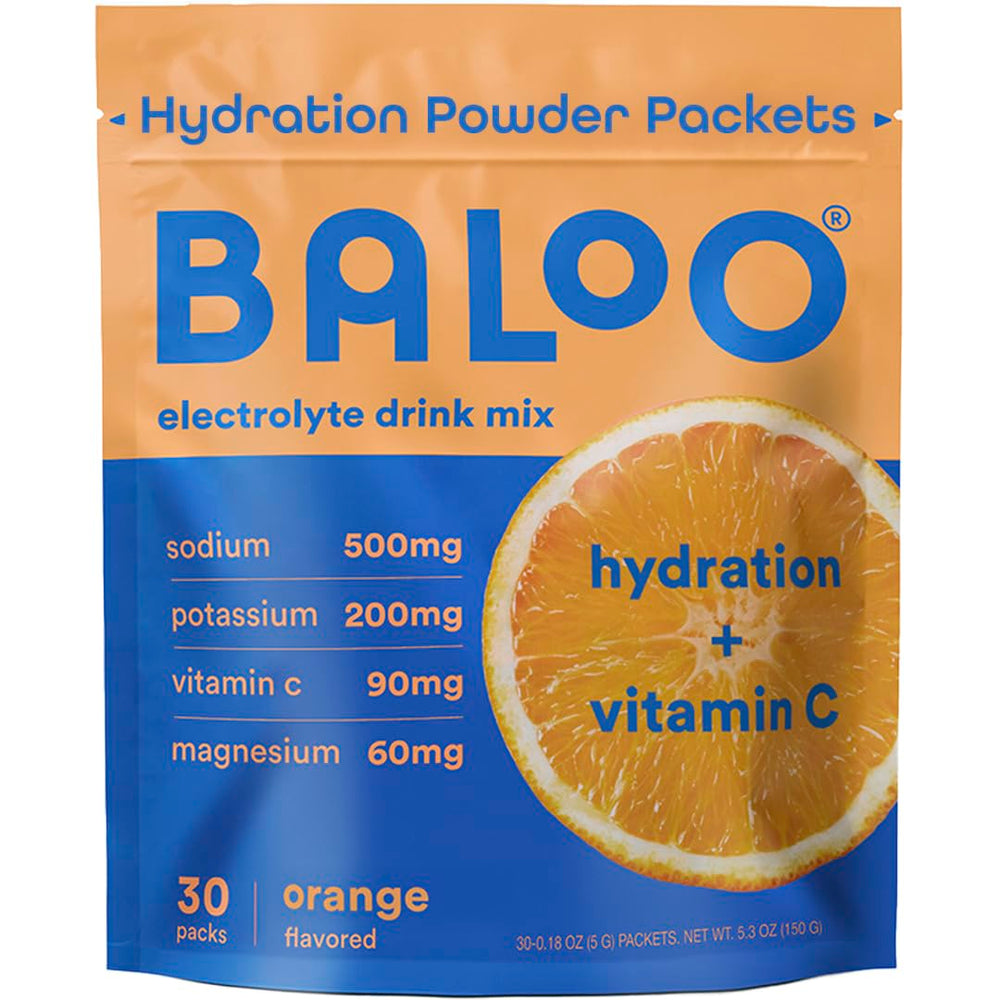 Baloo Electrolytes orange packets close-up for clean hydration on the go.