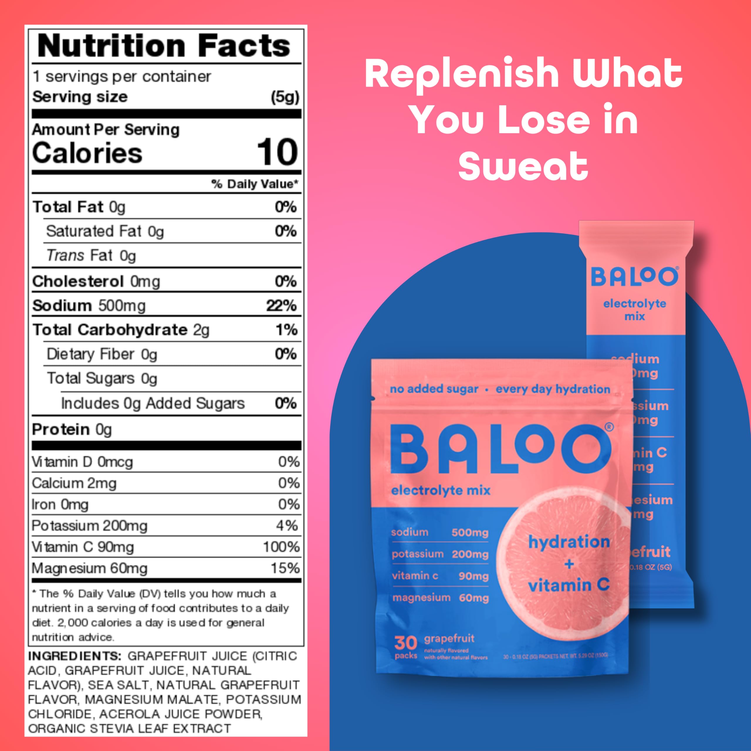 Baloo electrolytes powder packet in glass showing mixable hydration for workouts.
