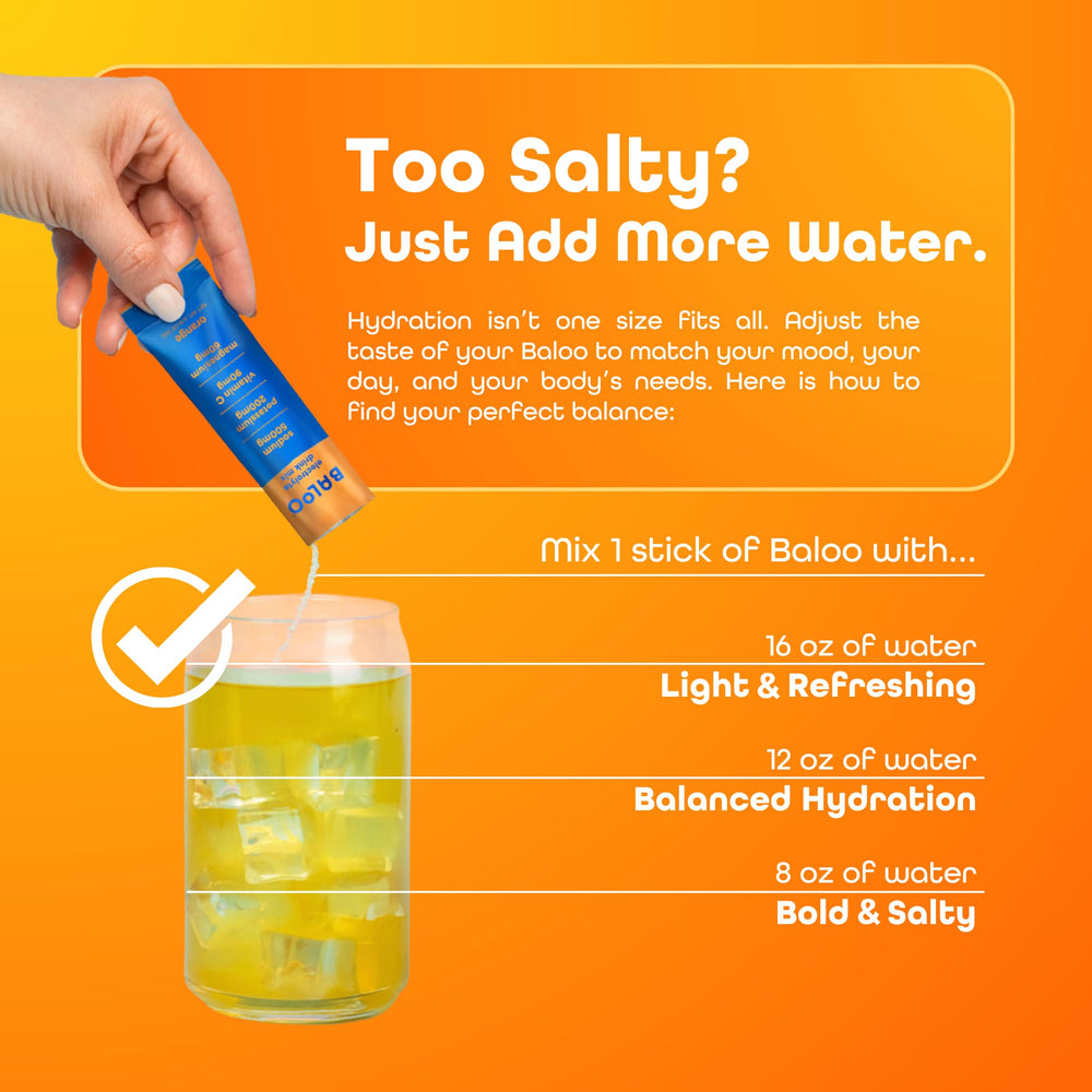 Baloo Electrolytes travel packets dissolving in water for on-the-go refreshment.
