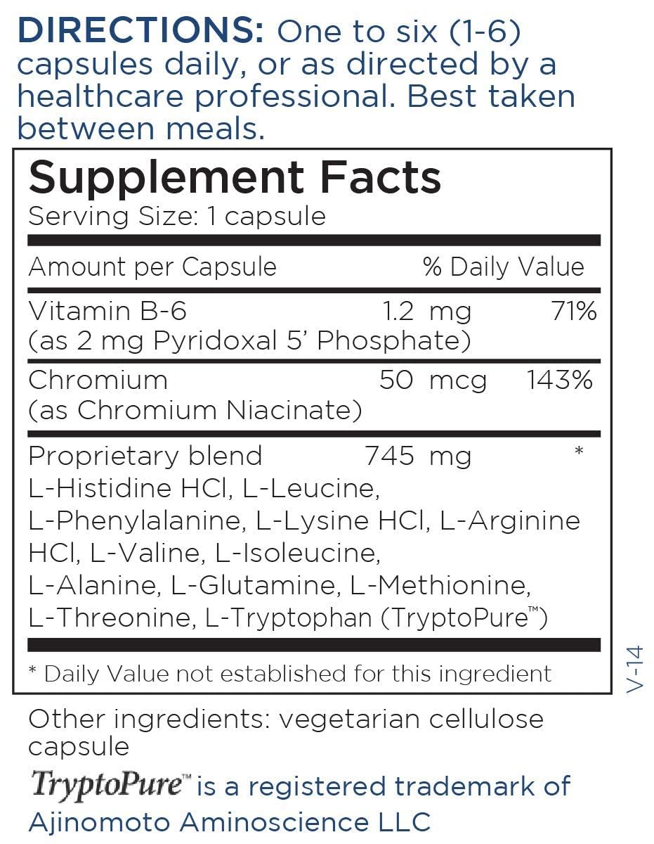Close-up of BAM 750 mg capsules highlighting the amino acid blend and formula details.
