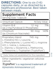 Close-up of BAM 750 mg capsules highlighting the amino acid blend and formula details.