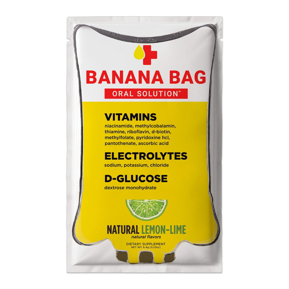 Banana Bag lemon-lime packets dissolving in water for quick hydration