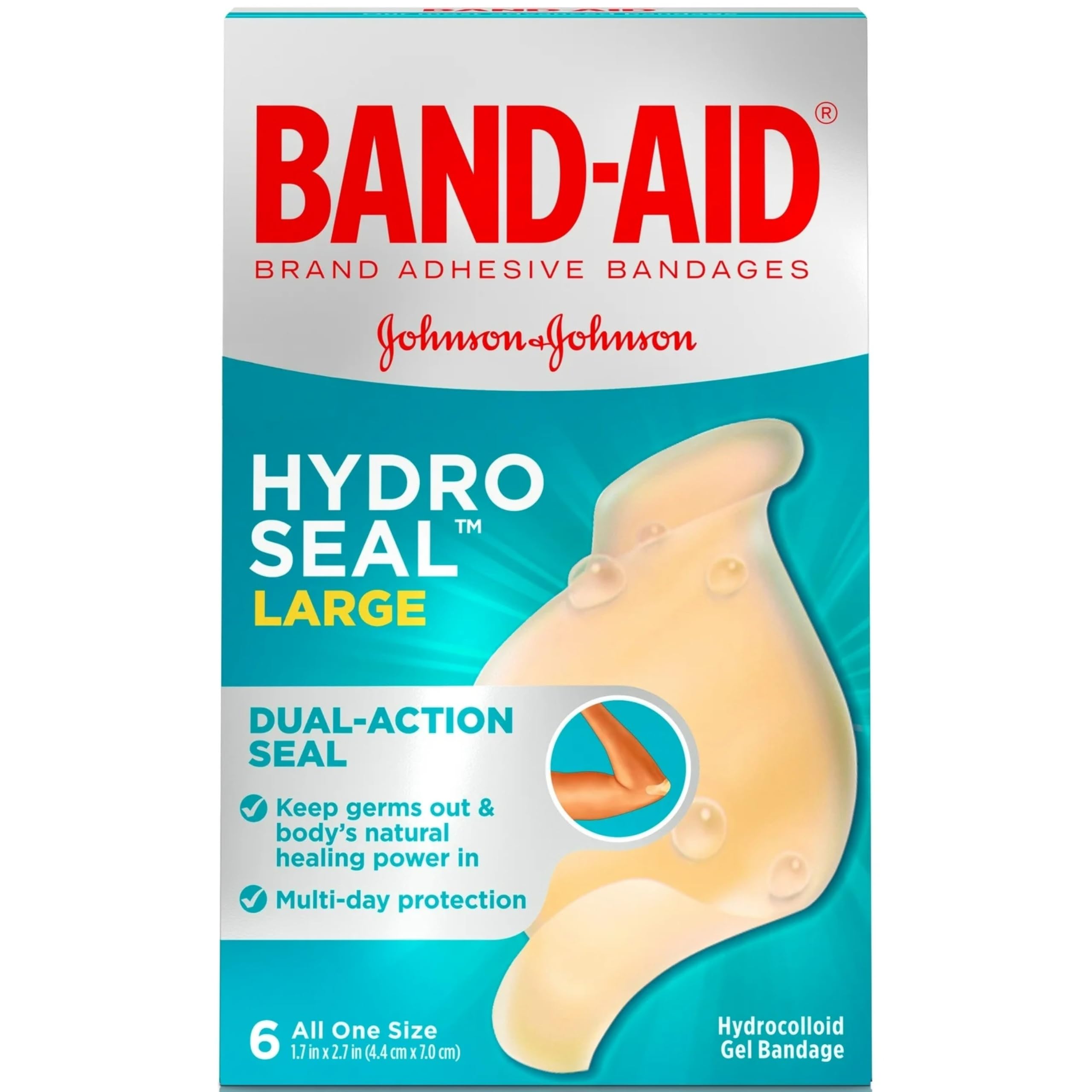 Band-Aid Hydro Seal large bandage covering a wound for protection and healing.