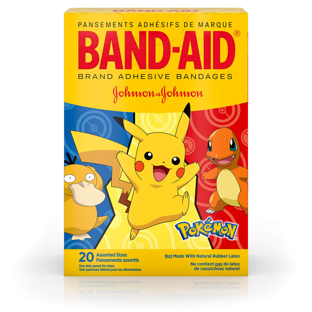 Band-Aid Brand Pokemon kids bandages with Pokemon designs for minor scrapes and nonstick protection.