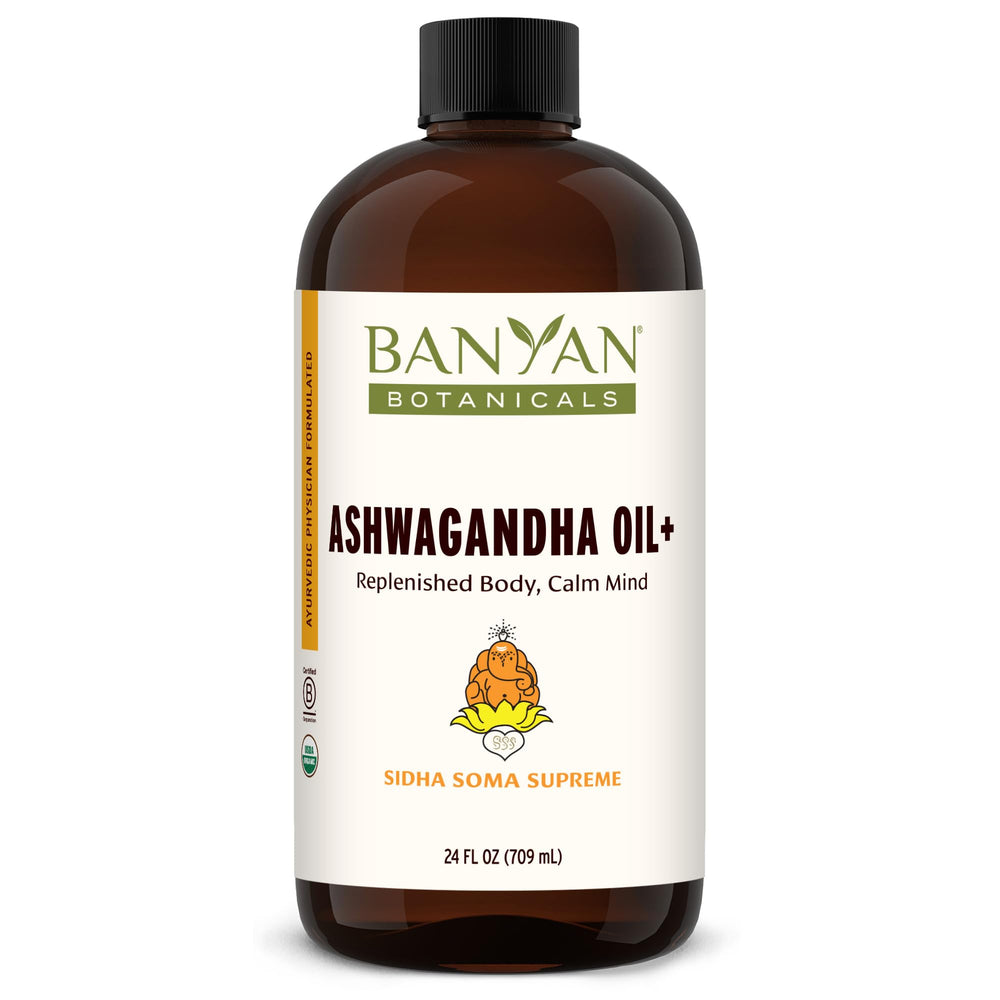 Banyan Botanicals Ashwagandha Oil+ bottle pour for post-workout recovery