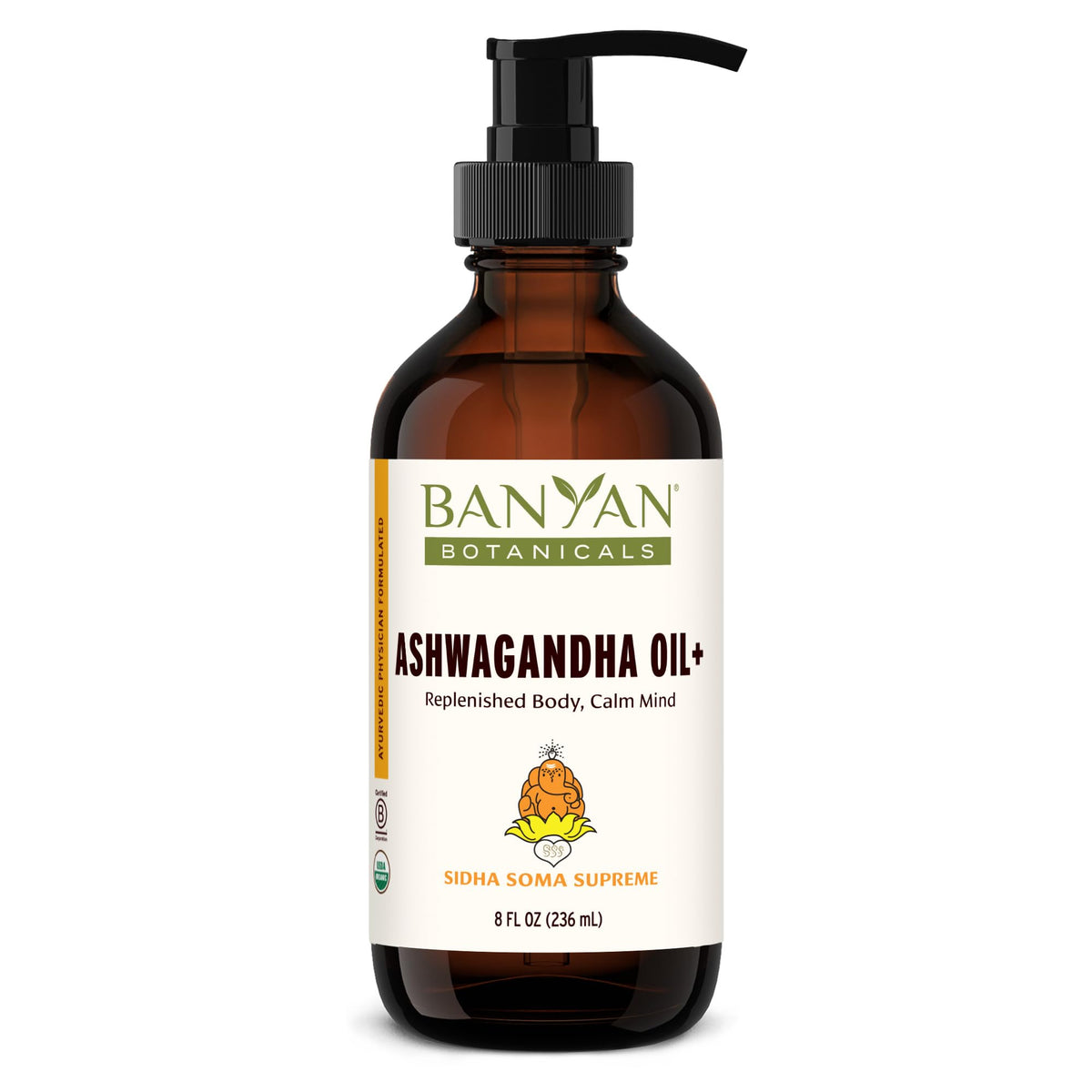 Banyan Botanicals Ashwagandha Oil+ bottle shows a relaxing massage oil.