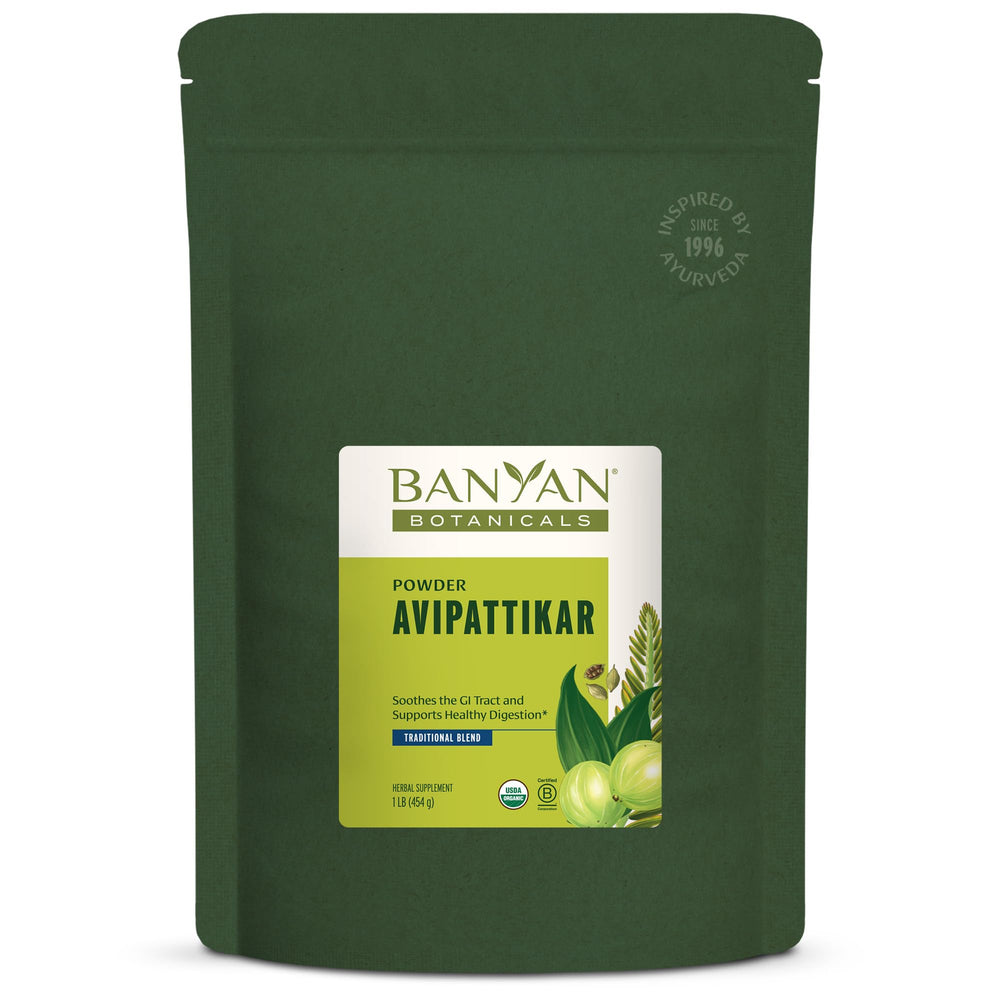 Banyan Botanicals Avipattikar powder bottle for balanced digestion after meals.