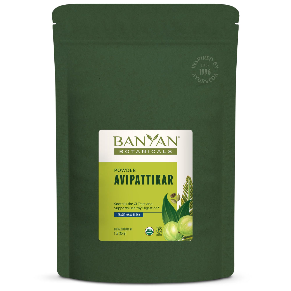 Banyan Botanicals Avipattikar powder bottle for balanced digestion after meals.