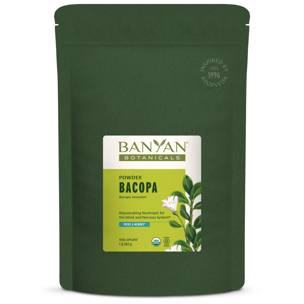 Banyan Botanicals Bacopa Powder bottle ready for daily use with warm water