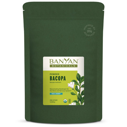 Banyan Botanicals Bacopa Powder bottle ready for daily use with warm water