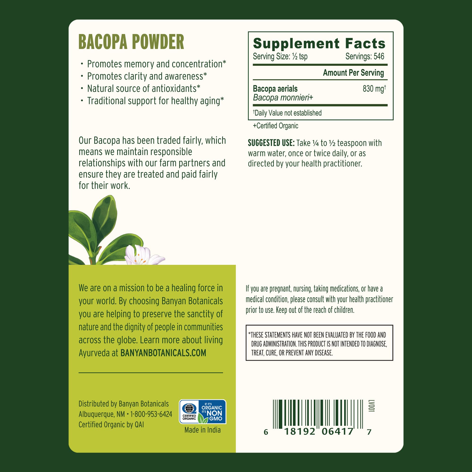 Organic Bacopa Powder jar by Banyan Botanicals on kitchen counter