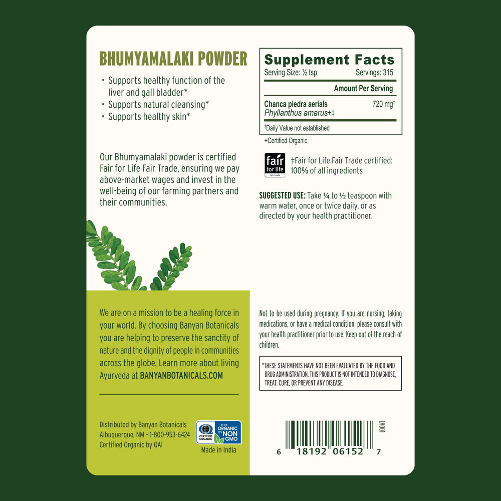 Banyan Botanicals bhumyamalaki powder bottle with label highlighting organic sourcing.