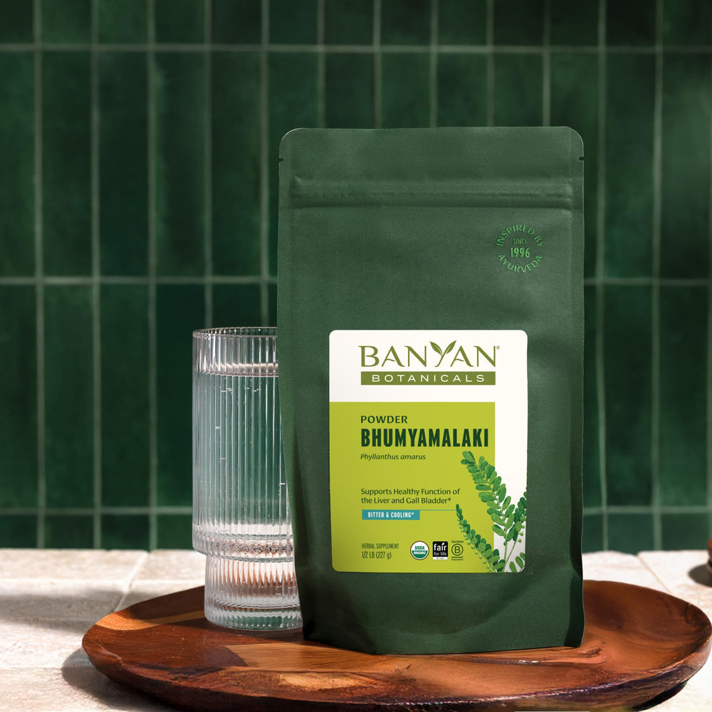 Banyan Botanicals bhumyamalaki powder with a scoop for precise daily measurement.