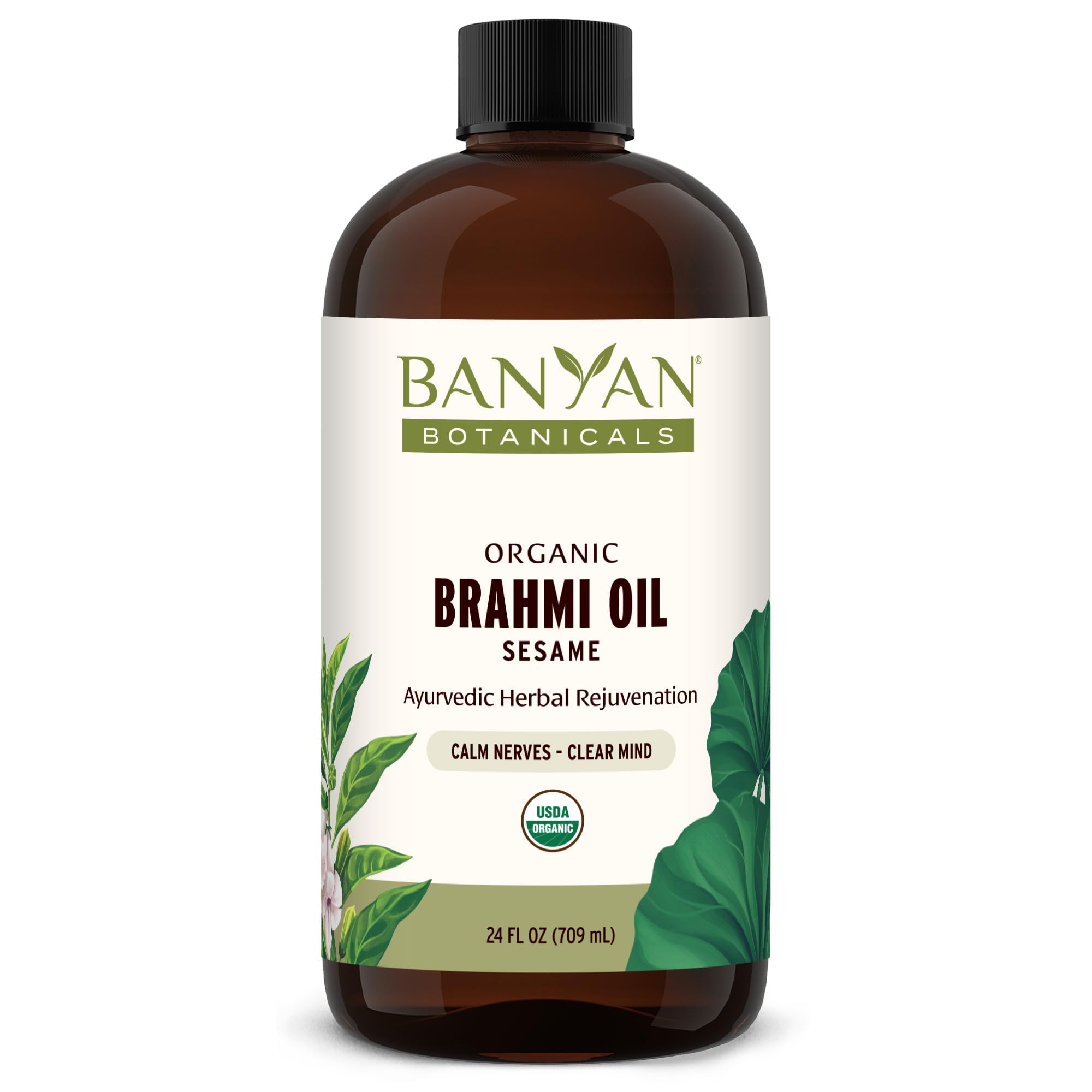 Banyan Botanicals Brahmi Oil with Sesame bottle on wood for calming self-massage.