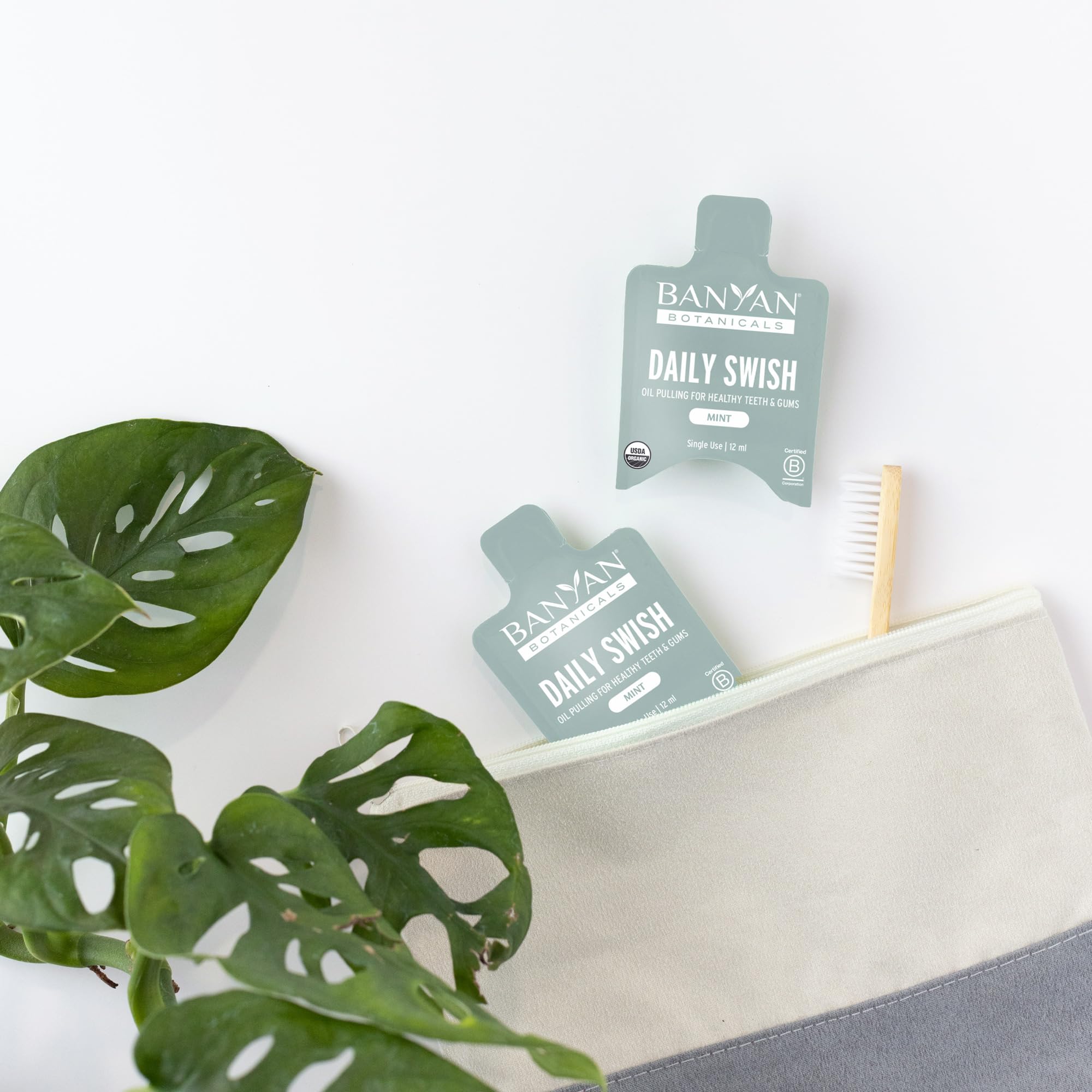 Banyan Botanicals mint product label evokes sustainable sourcing and organic quality.