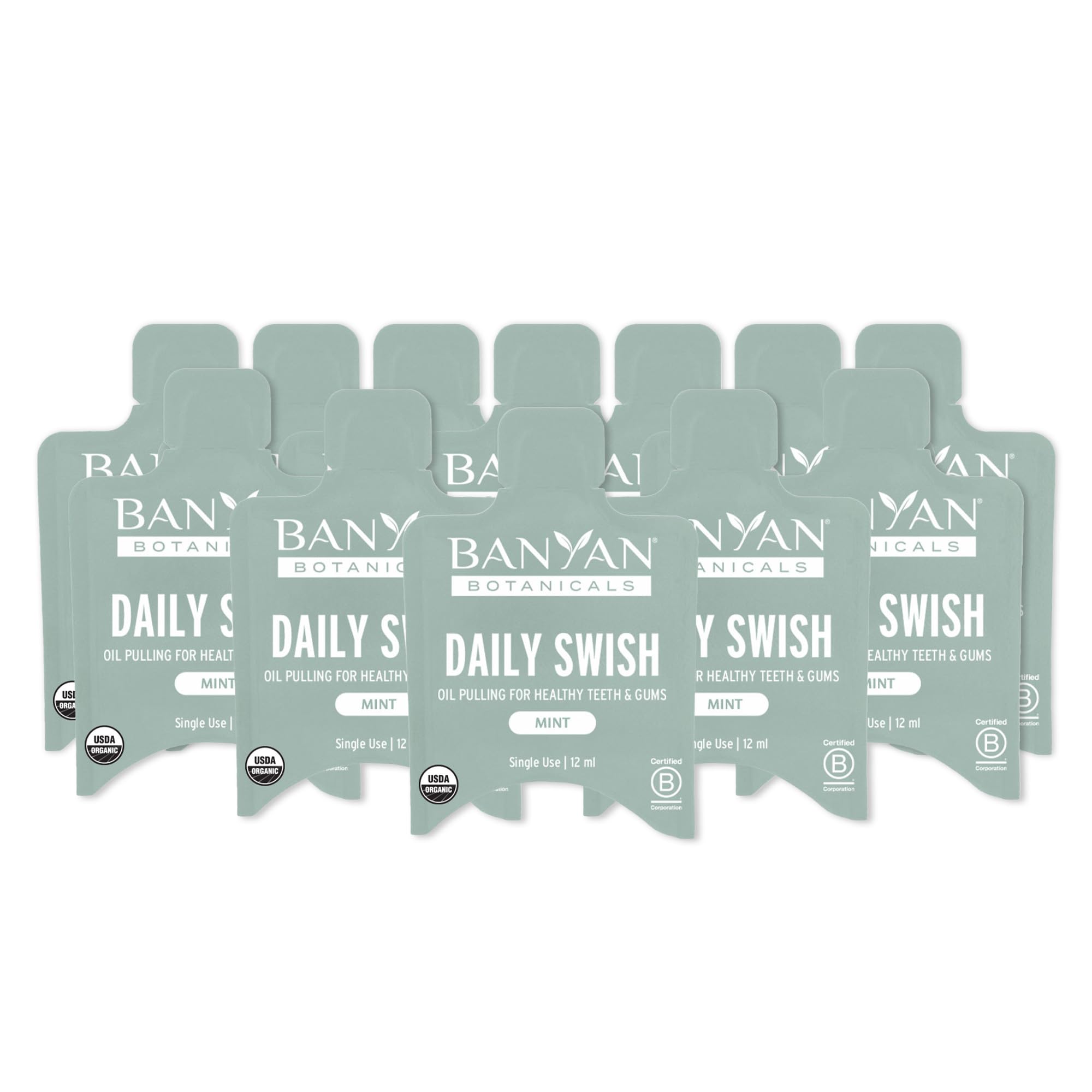 Banyan Botanicals Daily Swish Mint travel packets on packaging for portable oral care.