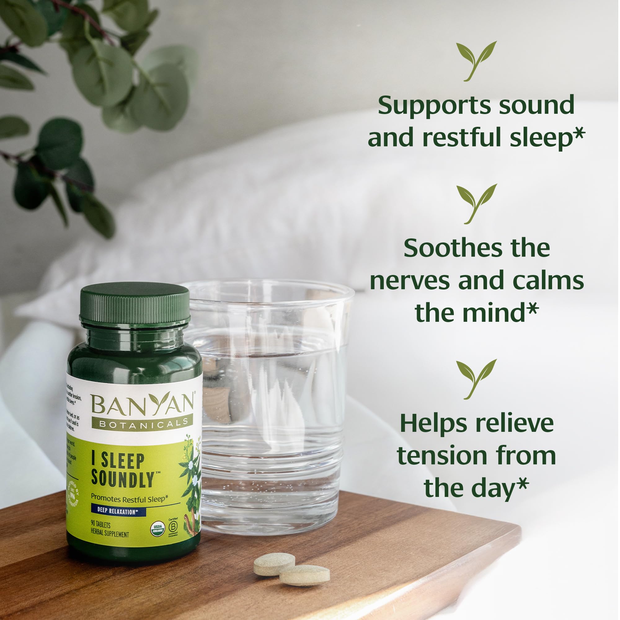 Banyan Botanicals deep sleep formula ingredients close-up for rest support.